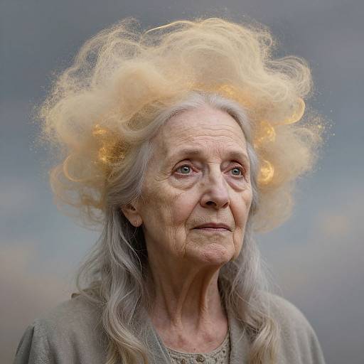 Photograph of an elderly woman with long gray hair, wearing a whimsical, golden, cloud-like headdress against a cloudy sky background.