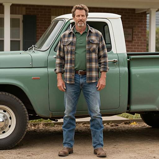 Rugged man standing by vintage green pickup truck