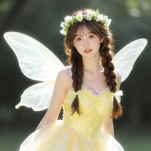 Photograph of an Asian woman with long brown hair in braids, wearing a yellow dress and white flower crown, with glowing white fairy wings, set