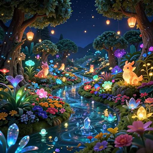 Whimsical, glowing fairy garden at night; colorful luminescent flowers, lanterns, and illuminated waterway surrounded by enchanted trees and starry
