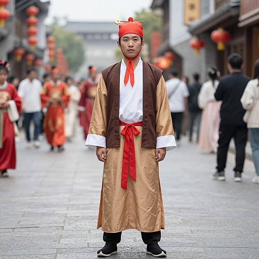 Photograph of a young Asian man in traditional Chinese festival attire, standing in a bustling street with red lanterns, wearing a red headband, gold