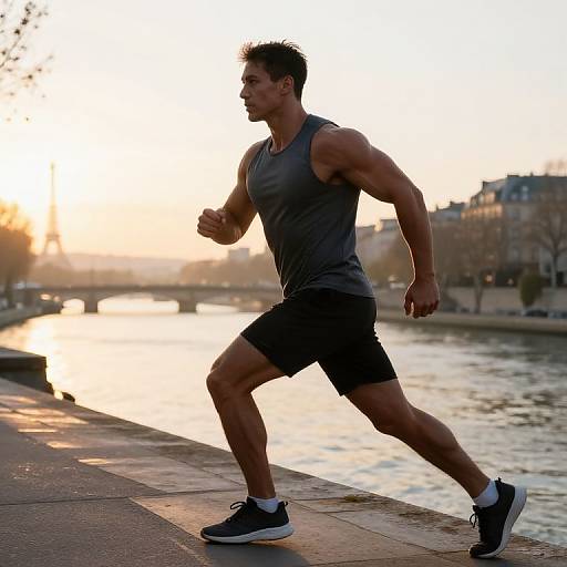 Photograph of a muscular man jogging along a riverbank at sunset, wearing a gray tank top, black shorts, and black sneakers.