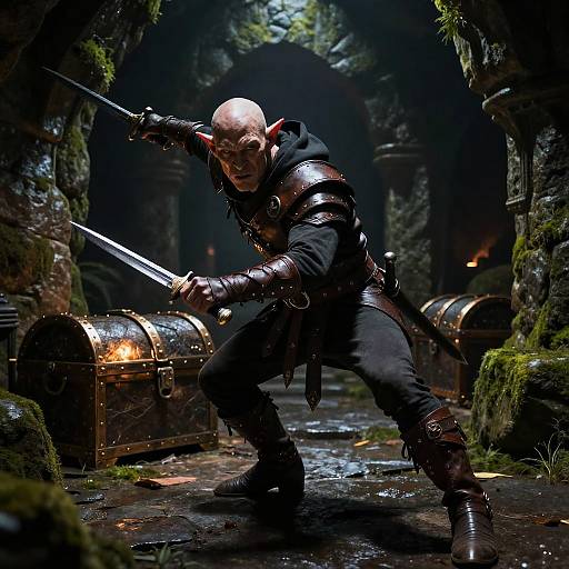 Photograph-style CGI of a bald, armored warrior with pale skin, crouching in a dark, mossy dungeon, dual-wielding swords,