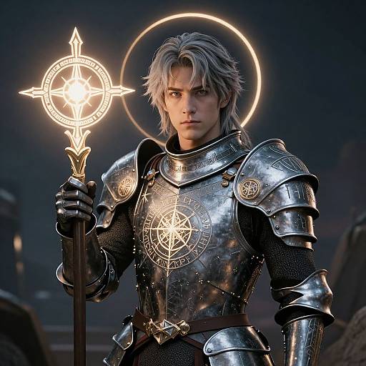 Gray-Haired Knight in Magical Armor with Halo Light