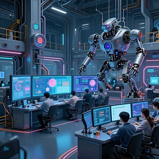 Photograph of a futuristic control room with five technicians monitoring screens, a large robotic humanoid hovering overhead, and neon blue and pink lighting.