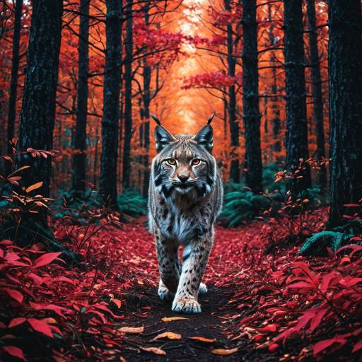 Lynx Walking in Crimson Autumn Forest
