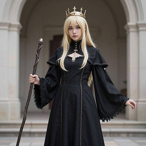 Digital artwork of a blonde woman with a crown, black gothic dress, and staff, standing in an arched stone building.