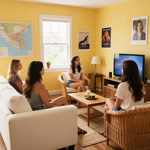 Four Women Watching TV in Cozy Living Room