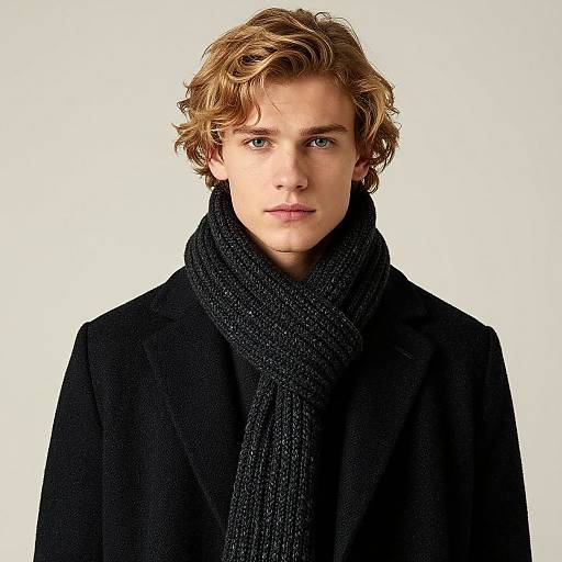 Photograph of a young, blue-eyed, blonde-haired man with wavy hair, wearing a black, textured scarf and matching black coat, against a