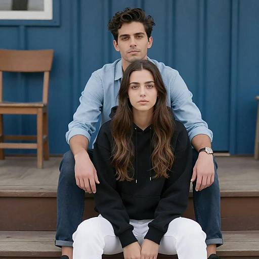 Serious Couple on Blue Metal Steps