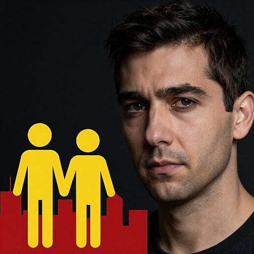 Man with Serious Expression and Cartoon Figures