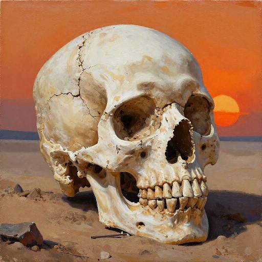 Cracked Desert Skull at Sunset