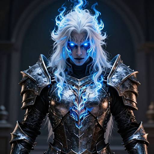Digital artwork of a fierce, blue-eyed warrior with wild white hair and glowing blue flames, wearing intricate, metallic armor in a dark, arched background