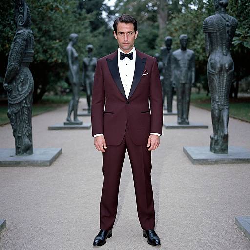 Photograph of a serious, dark-haired man in a black bowtie and dark brown tuxedo standing in front of statues in a lush garden.