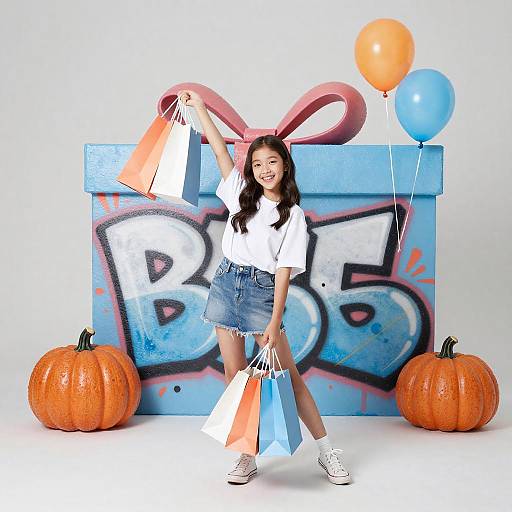 Happy Korean Preteen with Shopping Bags and Graffiti Gift Box