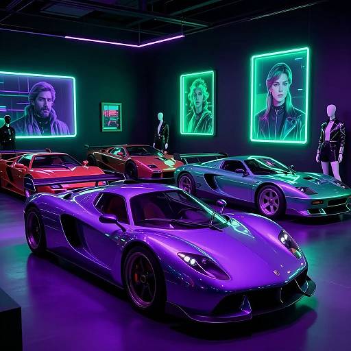 Neon-lit gallery featuring four vividly colored, glowing sports cars in front of futuristic portraits of men on black walls.