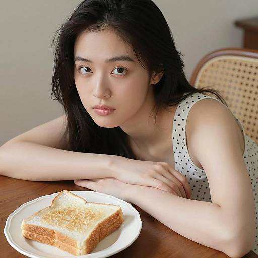 Asian Woman Relaxing with Toasted Bread