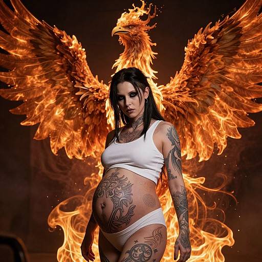 Photograph of a heavily tattooed, pregnant woman with black hair, wearing a white tank top and panties, standing in front of fiery, orange phoenix