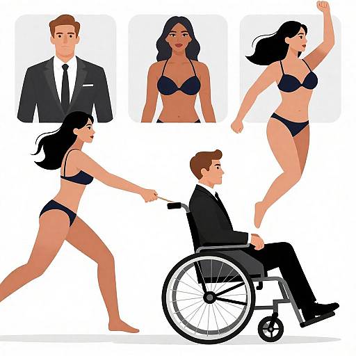 Man in Wheelchair Pulled by Woman in Bikini