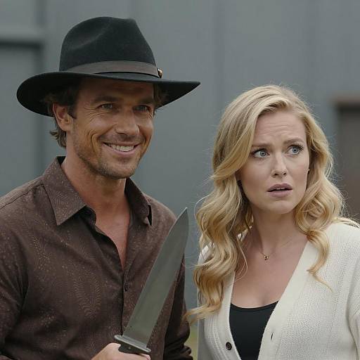 Man with Knife and Surprised Woman in Industrial Setting