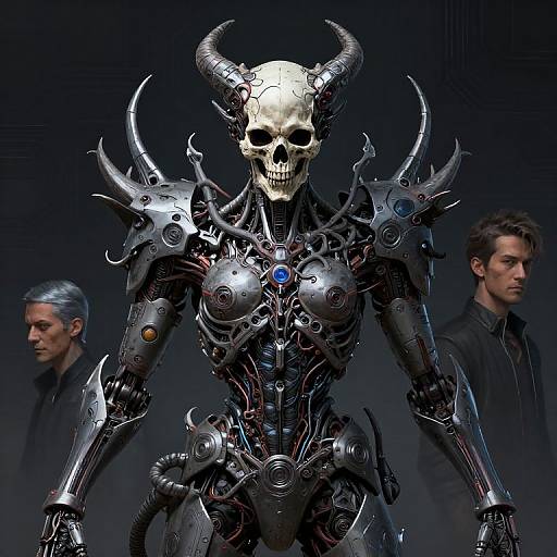 Digital art: Cybernetic, horned skull warrior with spiked armor and blue gem, stands between two serious men against dark background.