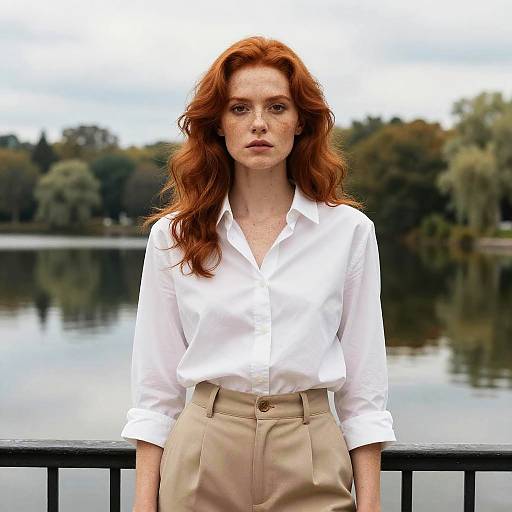 Photograph of a red-haired woman with fair skin, wearing a white blouse and beige pants, standing by a tranquil lake with trees in the background.