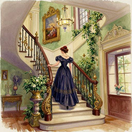 Victorian woman in dark blue dress ascends ornate, plant-decorated staircase in elegant, sunlit mansion, framed painting above, chandelier