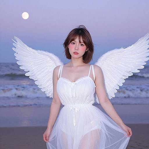 Photograph of a pale-skinned woman with short brown hair, wearing a glowing white angel dress and illuminated wings, standing on a beach at twilight with