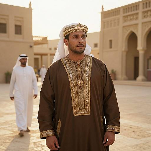 Photograph of a Middle Eastern man in ornate black and gold traditional attire with a white headscarf, standing in a sunlit, historic courtyard