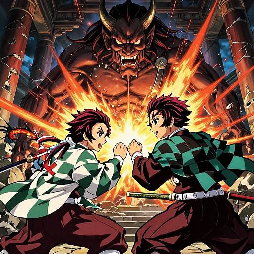 Anime-style digital artwork of two spiky-haired boys in checkered shirts facing a fiery explosion, with a menacing demon with horns behind them in a ruined