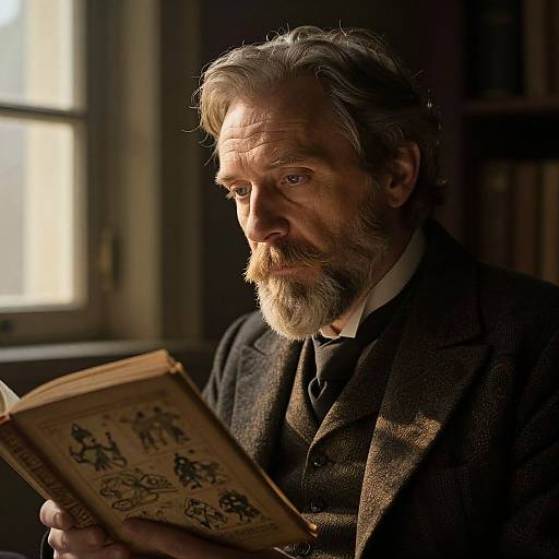 Photograph of a middle-aged white man with gray hair and beard, wearing a dark tweed suit, intently reading an old book with intricate illustrations