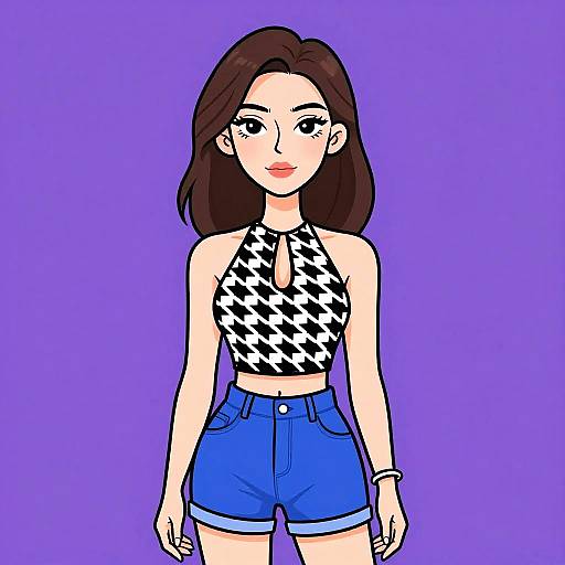 Cartoon Woman in Houndstooth Halter Top and Blue Shorts