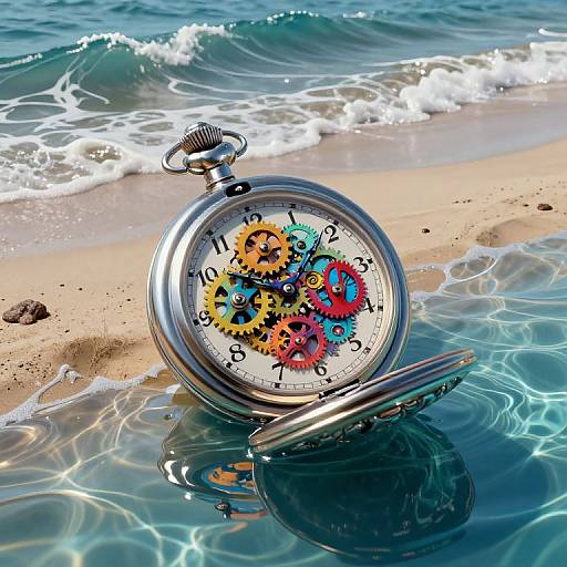 Photograph of a colorful, gear-styled pocket watch with open lid, resting on a sandy beach with gentle waves.