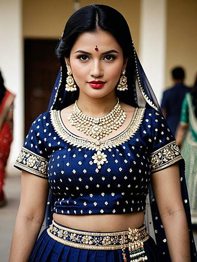 Young Woman in Traditional Blue Lehenga Dupatta
