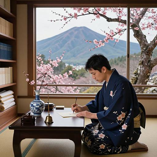 Photograph of a young Japanese man in a dark floral kimono, writing at a wooden table, with cherry blossoms and a mountain view through a