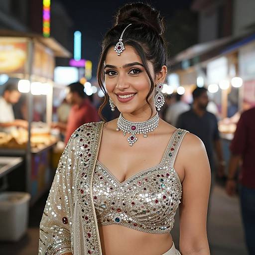 Photograph of a smiling Indian woman with dark hair in an updo, wearing a sparkling silver sequin crop top and matching jewelry, at a night