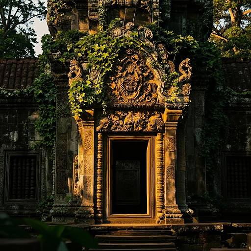 Photograph of an intricately carved, sunlit ancient temple entrance with lush greenery, featuring detailed stone carvings and a dark doorway, set