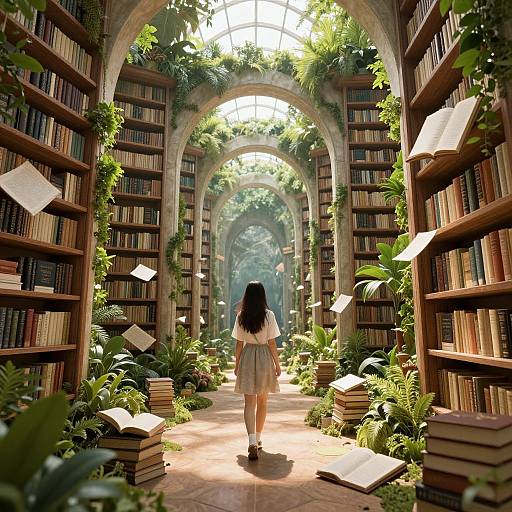 Photograph-style digital art of a girl in a white dress, standing in a sunlit, lush, archway-filled library with flying books.