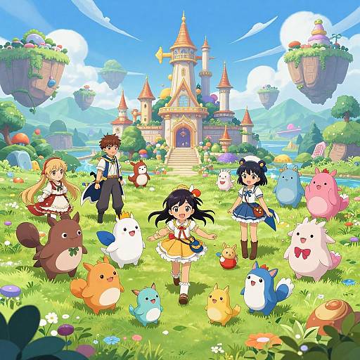 Digital anime-style illustration of five children exploring a colorful, whimsical garden with floating islands and a magical castle, surrounded by adorable, cute, and fluffy