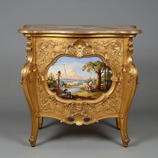 Gilded, intricately carved, rectangular table with ornate floral patterns, featuring a detailed, colorful landscape painting in the center oval cutout. Phot