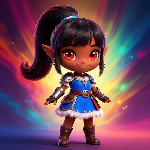 Digital chibi-style drawing of a cute, dark-skinned elf girl with large red eyes, black ponytail, wearing blue dress, silver armor,