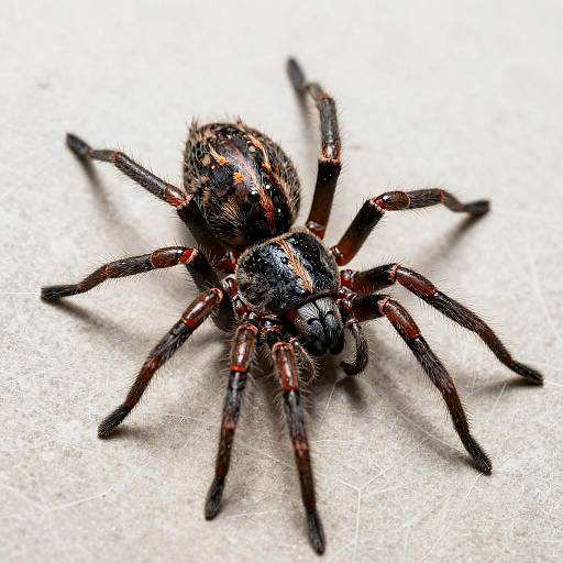 Close-up photograph of a black and brown hairy spider with red stripes, eight legs, and a shiny, textured body on a white surface.