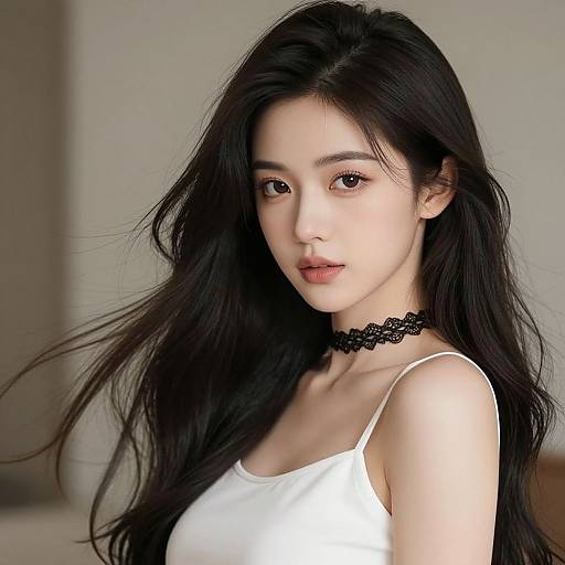 Photograph of an East Asian woman with long black hair, wearing a white tank top and black lace choker, gazing softly at the camera with