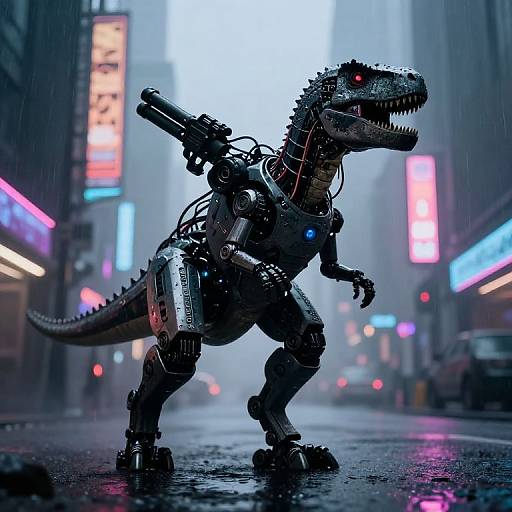 Cybernetic dinosaur with red eyes and mounted gun stands on rainy, neon-lit urban street, blending sci-fi and cyberpunk styles.