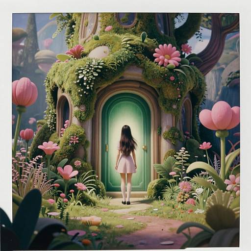 Digital fantasy artwork: A girl with long black hair in a white dress stands before a glowing green door in a lush, enchanted forest filled with pink flowers