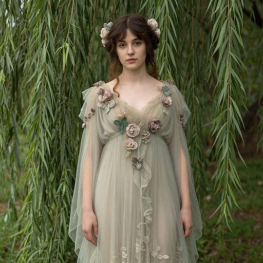 Photograph of a pale-skinned woman with dark curly hair, wearing a delicate, sheer green dress adorned with floral embroidery, standing against a backdrop of