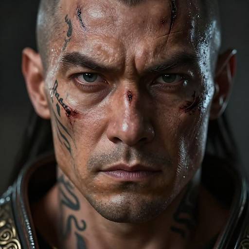 Close-up photograph of a rugged, scarred man with tattoos, sweat on his face, intense blue eyes, and dark, slicked-back hair.