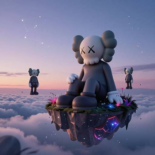CGI digital art: three large, cartoonish, X-eyed bear-like figures sit and stand on floating islands amidst a pink and blue twilight sky,