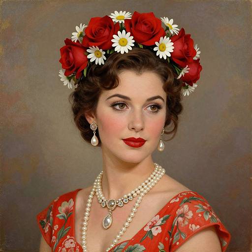 Vintage-style portrait of a fair-skinned woman with curly brown hair, wearing a red floral dress, pearl necklaces, and a red rose and d