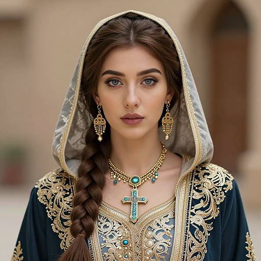 Photograph of a young woman with fair skin, blue eyes, and dark brown braid, wearing an ornate black and gold veil, turquoise cross